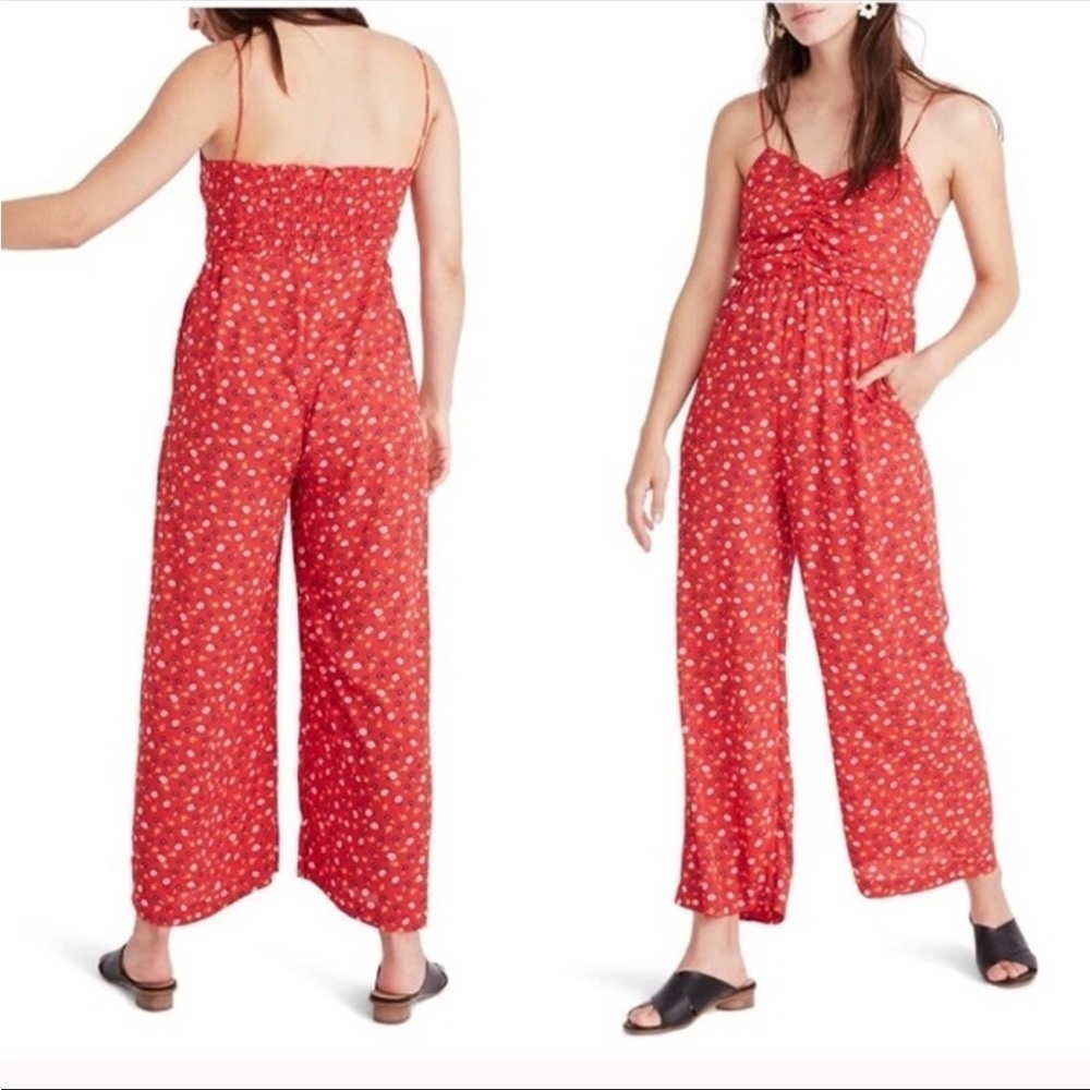 Madewell Wide Leg Shirred Back Ruched Bodice Spaghetti Strap Jumpsuit Cherry Red